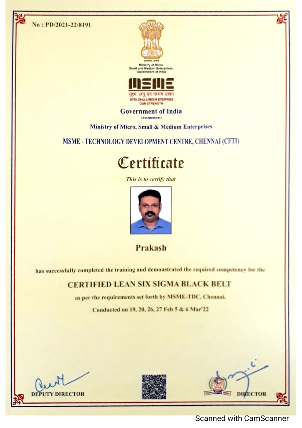 Lean Six Sigma Black Belt certificate issued to Prakash
