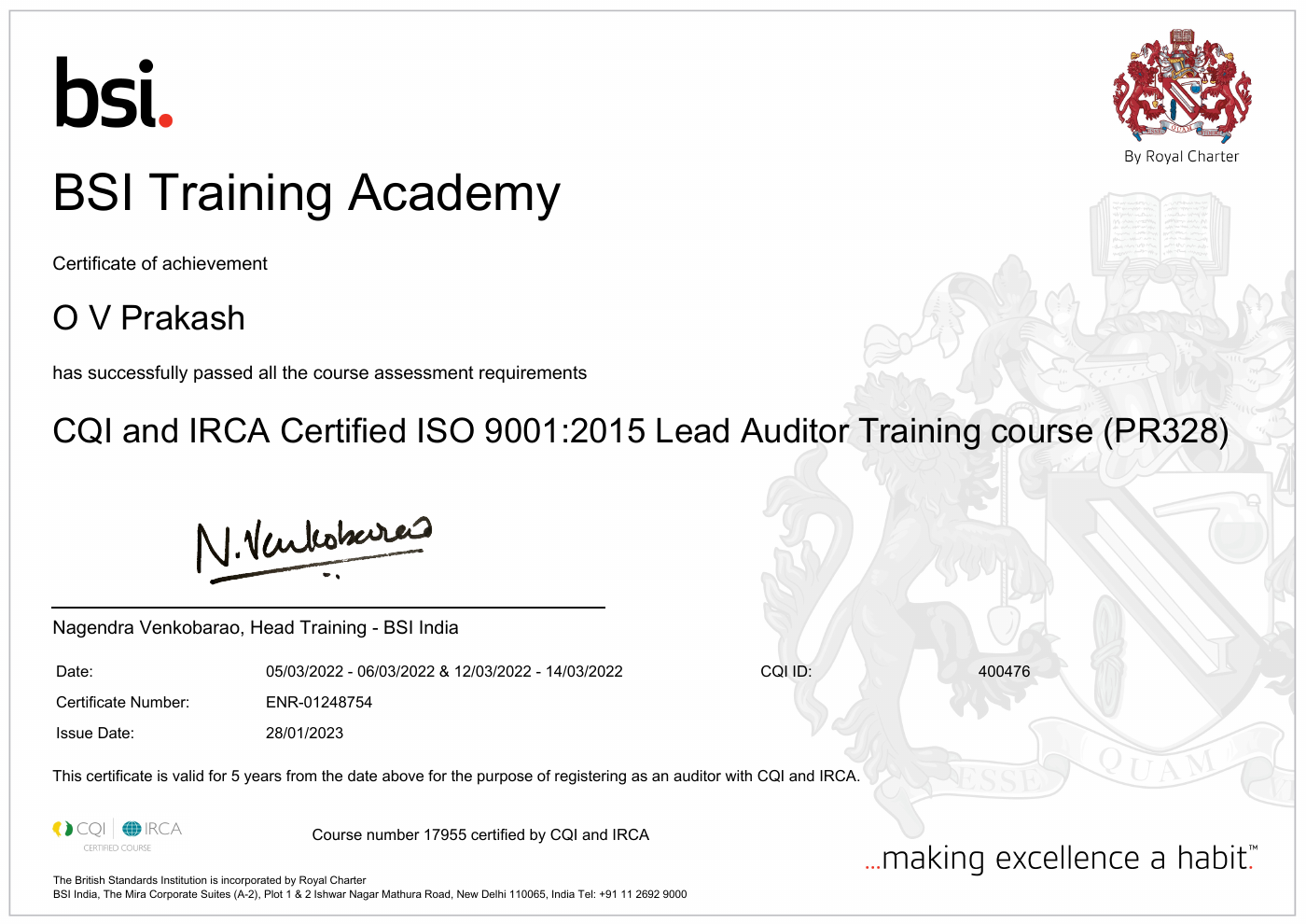 ISO 9001:2015 Lead Auditor Training certificate issued to O V Prakash