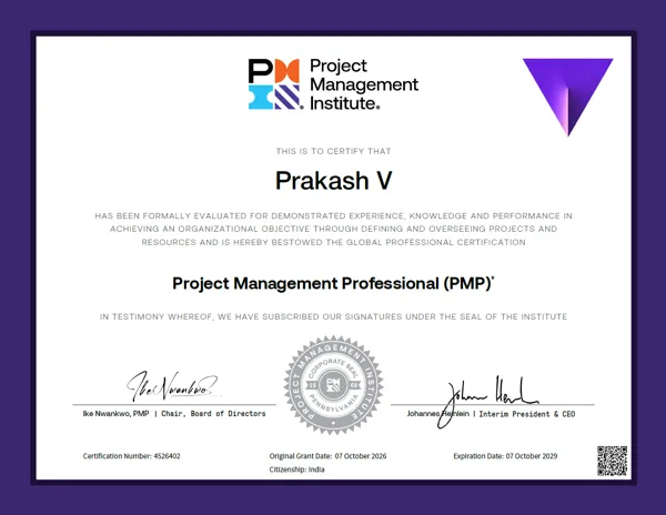 Project Management Professional (PMP)® certificate issued to Prakash V